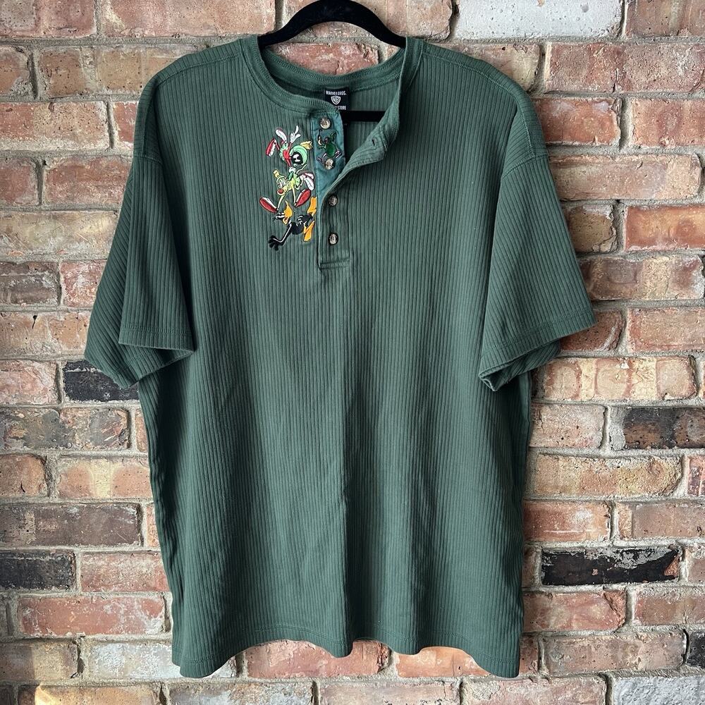Vintage 90s Martian Looney Tunes Embroidered Green Knit Henley Shirt Men's XL